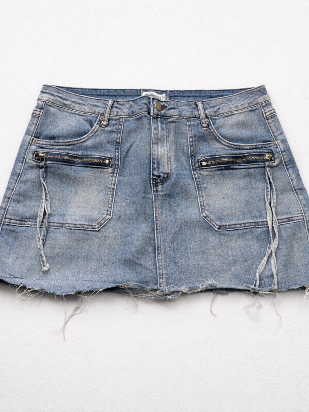 Light Blue Distressed Denim Mini Skirt with Zip Pocket Details